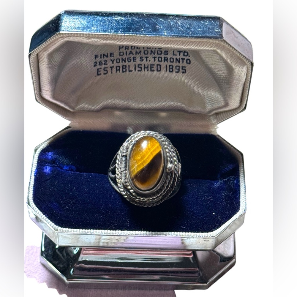 Vintage Mexico poison ring tiger eye adjustable sterling silver Taxco 925